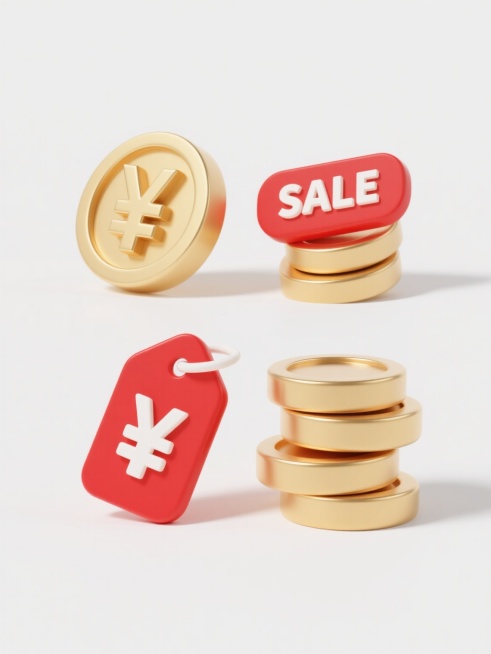 一组4个不同配色、不同样式、不同材质的电商促销元素，采用干净简洁的3D渲染风格，主体元素包括带有¥符号的金色硬币堆叠和红色“SALE”标签，每个元素具有明确的高光和柔和阴影，呈现出光滑的金属质感与哑光塑料质感对比，背景为纯白色，构图均衡，视觉层级清晰，符合电商素材使用的现实逻辑和设计感，无文字、二维码及多余装饰。预览效果