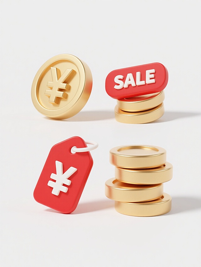 一组4个不同配色、不同样式、不同材质的电商促销元素，采用干净简洁的3D渲染风格，主体元素包括带有¥符号的金色硬币堆叠和红色“SALE”标签，每个元素具有明确的高光和柔和阴影，呈现出光滑的金属质感与哑光塑料质感对比，背景为纯白色，构图均衡，视觉层级清晰，符合电商素材使用的现实逻辑和设计感，无文字、二维码及多余装饰。