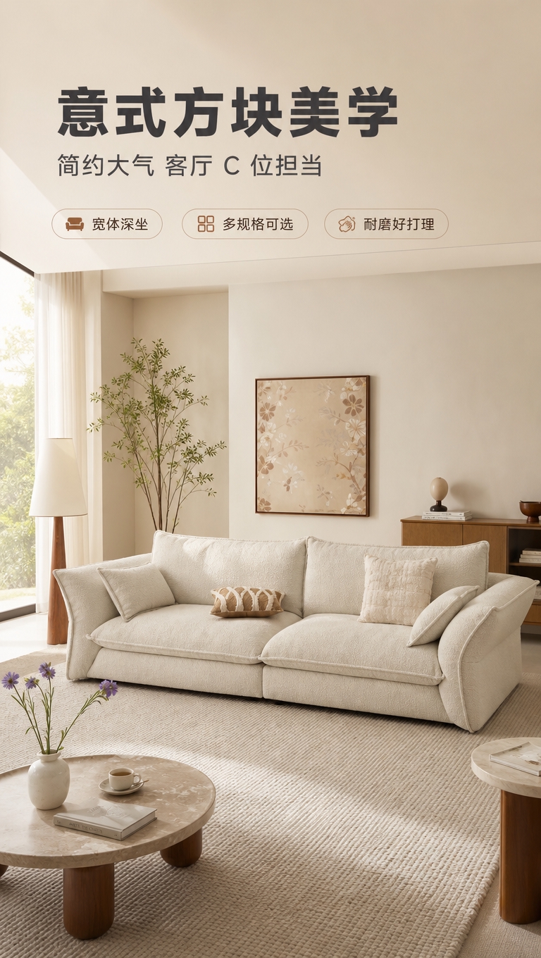 [商品] 使用【图1】S2523 格兰朵沙发，米白色意式方块款… - 图片创意预览