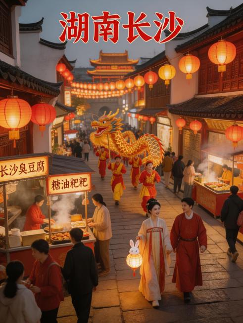 3:4竖版构图，画面醒目文字标注"湖南长沙"，星城元宵民俗盛会，太平街、坡子街古街挂满喜庆红灯笼，火宫殿非遗民俗表演、舞龙闹春，市井街巷满是特色小吃烟火气息，汉服游人漫步赏灯，暖黄电影级柔光夜景，国风预览效果