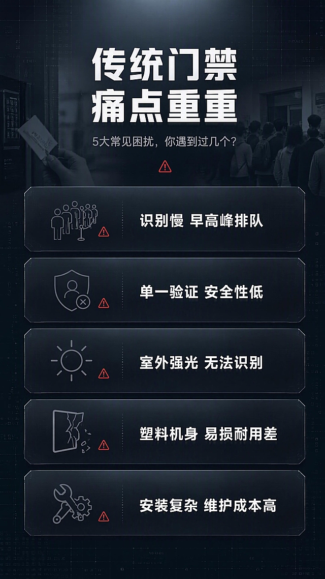 [第2张] 详情页痛点直击-传统门禁的5大困扰。本张无需产品图，纯场景痛点表达。
[氛围/风格] 工业科技风，冷灰深色基调，专业严肃，问题导向视觉，商业设计质感。
[元素布局] 画面上半部分为深色渐变背景，中央大号主标题；下半部分5个痛点卡片纵向排列，每张卡片左侧配灰色线描图标，右侧痛点描述；背景点缀低透明度网格线和数据噪点，营造科技严肃感；可加入模糊的传统门禁刷卡、排队、故障等灰色剪影元素作为氛围衬托。
[光影质感] 顶部冷光漫射，整体偏暗调，卡片边缘有微弱高光描边，层次分明。
[配色色系] 全局底色 #2C3138 深冷灰；主色银白文字；辅助色深灰卡片、红色警示小图标点缀；文字色白色与浅灰。
[视角构图] 纵向居中构图，阅读动线自上而下：主标题 → 5个痛点卡片依次排列。
[文字版式] 顶部居中主标题「传统门禁 痛点重重」大号白色粗体字；副标题「5大常见困扰，你遇到过几个？」浅灰色中号字；下方5个痛点卡片，每个卡片标题加粗：「识别慢 早高峰排队」「单一验证 安全性低」「室外强光 无法识别」「塑料机身 易损耐用差」「安装复杂 维护成本高」，每句不超过12字；卡片间留有均匀间距。
[比例分辨率] 9:16竖版比例，4K分辨率，文字清晰可辨，高清画质。
[负向提示词] 水印，文字错乱，文字过小，颜色偏差，画面杂乱，人物面部不清，出现产品设备。