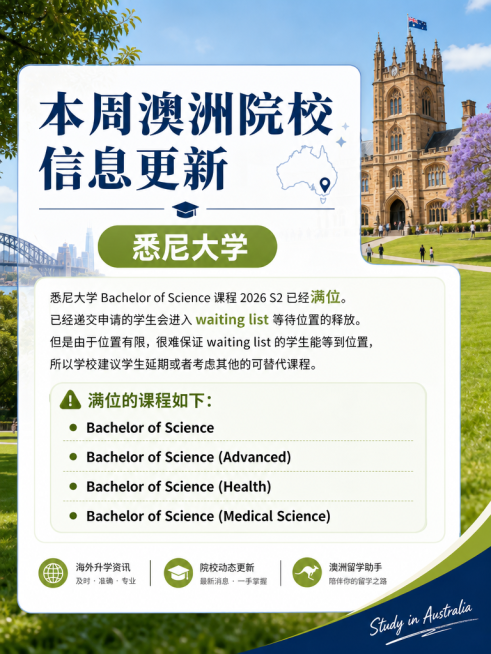 小红书留学资讯图，背景采用清新澳洲大学校园风景，顶部大标题："本周澳洲院校信息更新"，副标题："悉尼大学"，正文："悉尼大学Bachelor of Science课程2026 S2已经满位。已经递交申预览效果