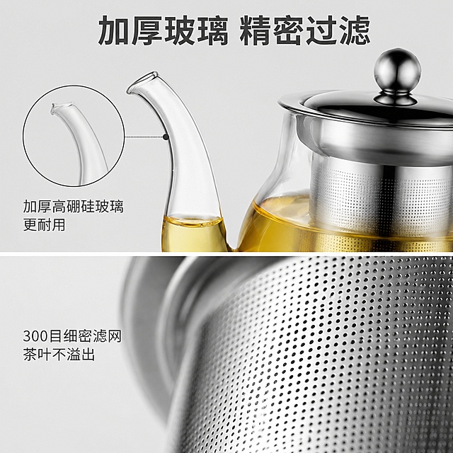 「图片1」，生成一套主图（5张），商品名称是玻璃泡茶壶，卖点是加厚高硼硅玻璃泡茶壶，内置 不锈钢细密滤网，茶水分离设计，耐高温，适配淘宝/天猫平台，主图比例为1:1「图片1」