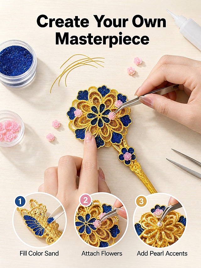 [主图-4] DIY制作过程展示，团花发簪材料包手工制作步骤。
[统一基调] 跨境电商干净克制风格，米白色桌面背景，英文步骤标题，新手友好氛围。
[画面] 俯视角度，米白色哑光木质桌面。画面中央是正在制作中的团花发簪半成品（金色底托+部分蓝色彩砂填充花瓣），一双手正在用镊子粘贴粉色小花装饰，手部动作自然。周围散落材料包配件：粉色小花配件、蓝色彩砂小容器、金色掐丝线条、专用胶水、小镊子。画面上方大标题"Create Your Own Masterpiece"，下方3个编号小步骤图标：1. Fill Color Sand 2. Attach Flowers 3. Add Pearl Accents。
[光影质感] 柔和侧光，桌面干净整洁，手工制作氛围真实，手部动作自然不僵硬。
[配色] 米白木质背景，金蓝粉产品，黑色标题文字，彩色步骤编号。
[文字版式] 顶部大号粗体无衬线英文字体标题，底部3个圆形步骤图标配小号文字，整体排版清晰。
[输出要求] 3:4竖版比例，制作过程真实可信，英文文字准确无错字。负向：中文、错字、模糊、变形、水印、手指畸形、穿模、杂乱、平台Logo。