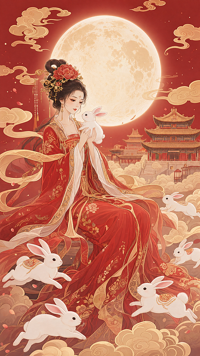 masterpiece, best quality, ultra-detailed, 1girl, Chang'e (Chinese moon goddess), traditional Chinese hanfu, red and gold flowing dress, hairpin with peony flower, elegant posture, full moon behind her, soft red halo, jade rabbits, multiple white rabbits, jumping and running, Chinese ancient pavilion, red and gold roof, layered architecture, sitting on clouds, dark red gradient background, golden clouds, traditional Chinese cloud pattern, red theme, Mid-Autumn Festival theme, flat illustration, Chinese guochao style, line art with soft colors, clean lines, dreamy atmosphere, no watermark, no signature