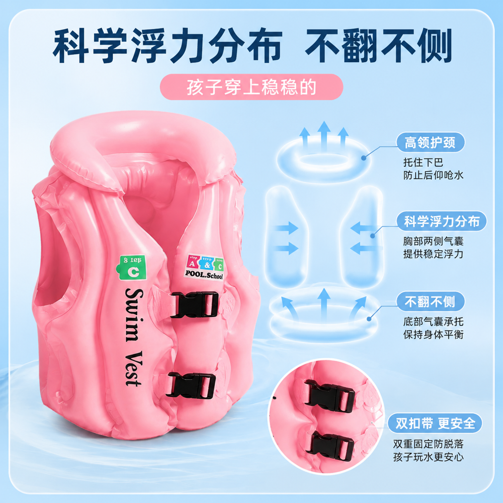 拼多多风格儿童浮力背心主图第二张，安全卖点功能机理可视化。画面… - 图片创意预览