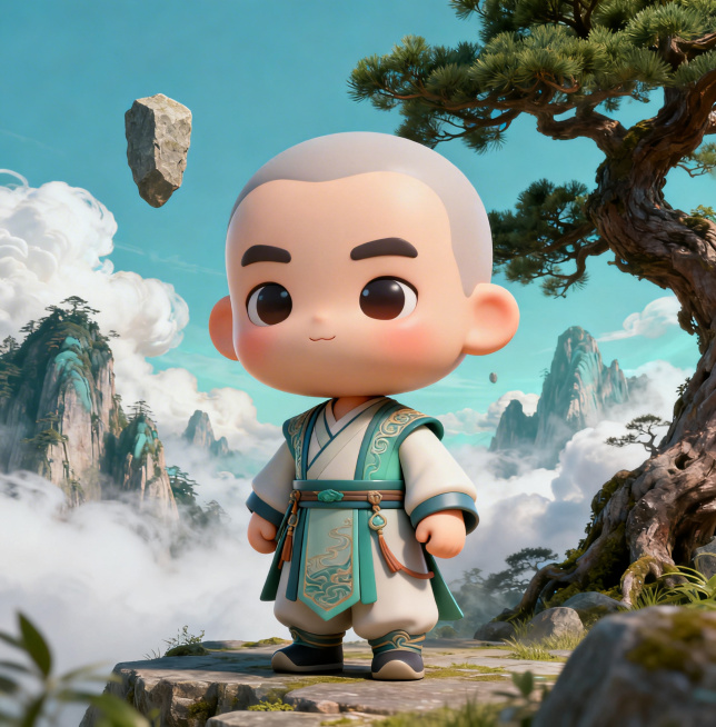 把图二的角色变成图一的大头3DQ版风格，添加仙侠背景预览效果