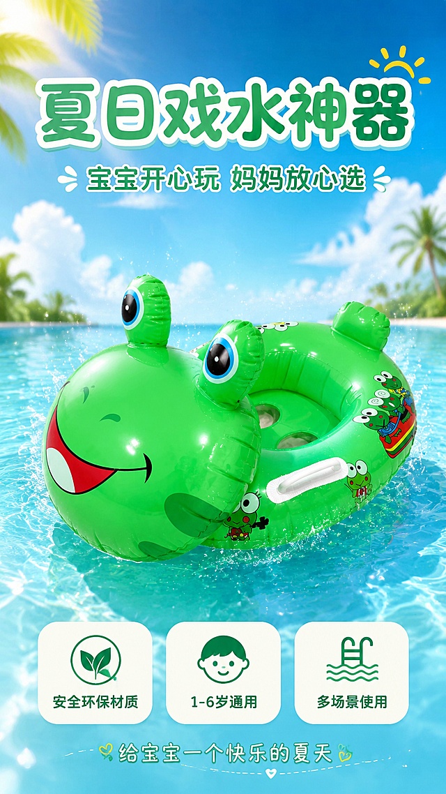 [第15屏] 收尾行动号召-夏日戏水神器+安心选购。本屏使用【图2】作为商品主体，产品全貌展示，收尾引导购买，保持外观与原图一致。
[氛围/风格] 温馨收尾风，夏日清凉感，安心信任感，行动号召。
[元素布局] 画面中央偏上放置小青蛙坐圈正面全貌，占比约50%，漂浮在清澈水面上，水花点缀；背景是夏日蓝天白云+泳池水面的清新场景；底部有安心保障图标组；整体画面干净清爽，有收尾的完整感。
[光影质感] 上方柔和阳光，水面波光粼粼，产品明亮通透，整体清新治愈。
[配色色系] 全局底色上蓝下绿渐变（天空+水面）；主色青蛙绿#4CAF50；辅助色天蓝、白色、浅黄阳光。
[视角构图] 正面微俯视，中心产品+上下文字，阅读动线从上到下。
[文字版式] 顶部主标题「夏日戏水神器」，副标题「宝宝开心玩 妈妈放心选」，圆润粗黑体白字描边；底部安心保障区三个图标+文字：「安全环保材质」「1-6岁通用」「多场景使用」，圆角白底绿字；最底部小字「给宝宝一个快乐的夏天」，温馨收尾。文字不遮挡产品主体。
[比例分辨率] 9:16竖版比例，4K分辨率，文字清晰可辨，高清画质。
[负向提示词] 产品变形，颜色偏差，文字错乱，水印，背景杂乱，天空不自然。