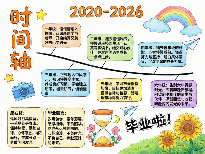 彩色手绘小学毕业时间轴手抄报，白底，色彩鲜艳明亮，线条清晰干净。
布局与文字内容：
- 左侧：竖排橙色艺术字带白色外框写"时间轴"，左侧点缀两颗黄色星星，蓝色相机图案
- 顶部：橙色粗体大字"2020预览效果