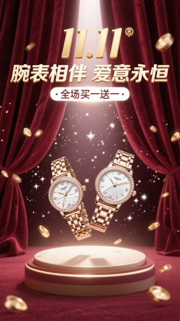 海报采用深邃的勃艮第酒红色背景，犹如天鹅绒幕布。画面中央，一道光束打下，聚焦于一对优雅交叉的男女款奢华腕表。表盘上的钻石与金属细节在光线下熠熠生辉，仿佛悬浮于璀璨星河之中。背景中若隐若现的金色光斑，如预览效果