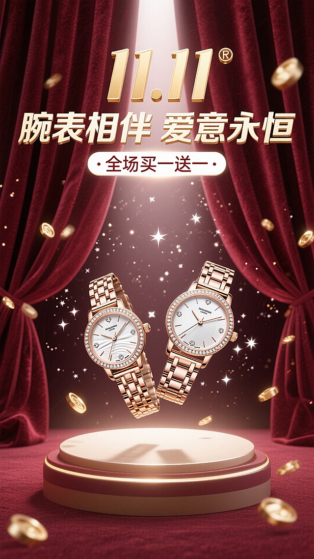 海报采用深邃的勃艮第酒红色背景，犹如天鹅绒幕布。画面中央，一道光束打下，聚焦于一对优雅交叉的男女款奢华腕表。表盘上的钻石与金属细节在光线下熠熠生辉，仿佛悬浮于璀璨星河之中。背景中若隐若现的金色光斑，如同繁星点点。
白色的“11.11”logo，巨大亮金色质量的主标题“腕表相伴 爱意永恒”，悬浮于手表上方，与副标题“全场买一送一”形成大小和字重的对比，整体感觉高端、浪漫且充满仪式感。