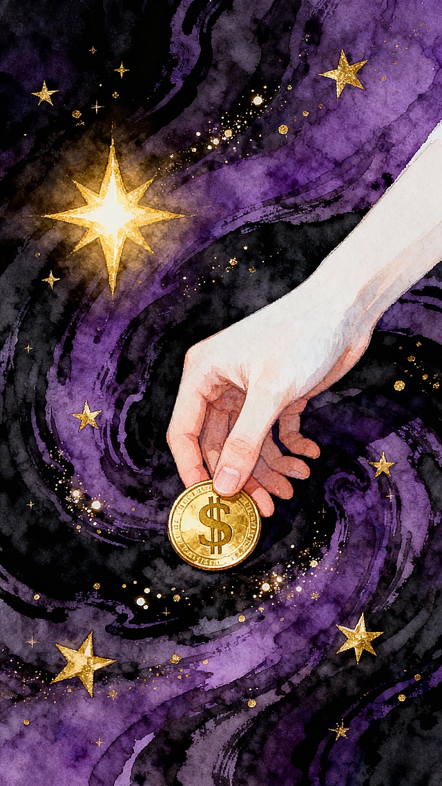 手绘风格插画，一只白皙的手从画面右侧伸出，手指轻捏一枚金色的金币，金币上有美元符号，金币被放置在手的中央偏下位置，背景是深紫色与黑色交织的流动旋涡状纹理，点缀着金色的星星和闪光粒子，画面左上方有一颗明亮的金色星形光源照耀着金币，整体色调以深紫、黑色和金色为主，营造出神秘梦幻的氛围，笔触带有水彩般的柔和晕染感和细腻的手绘质感，光影对比柔和，金色元素闪耀着温暖的光芒。