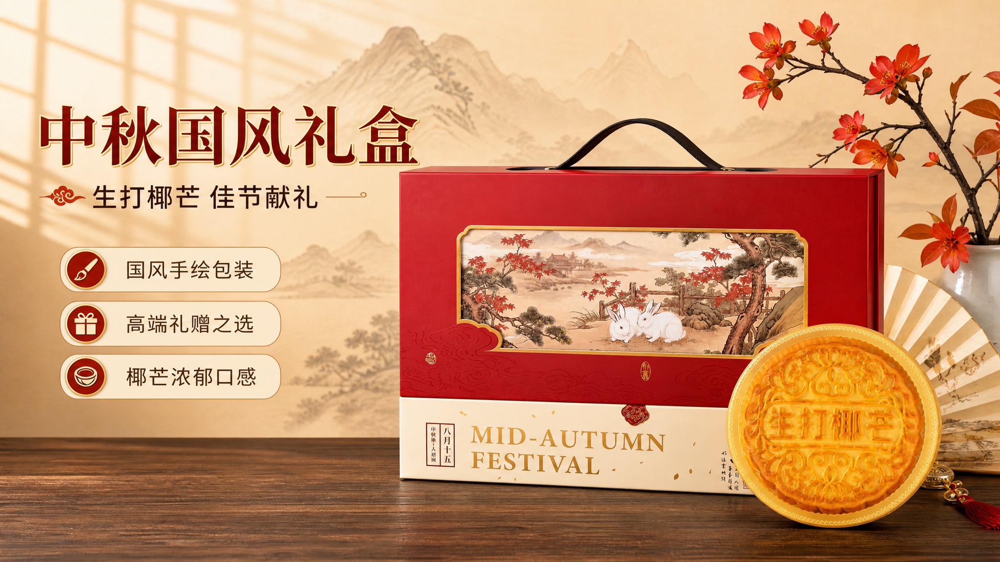 [商品] 使用【图1】红色中秋月饼礼盒及生打椰芒大月饼；保留礼… - 图片创意预览
