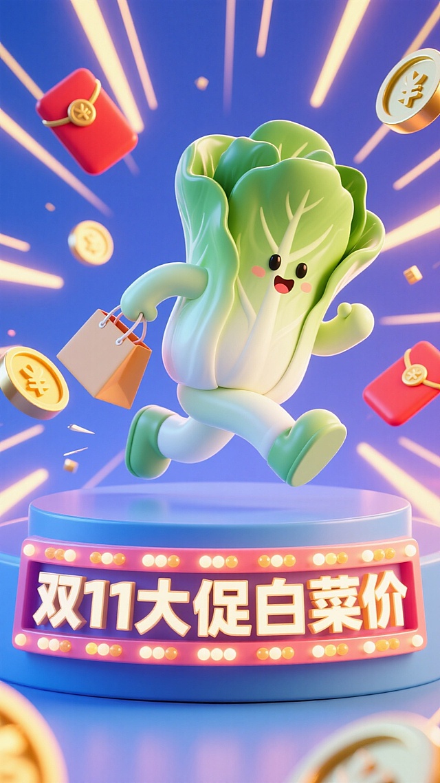 主视觉为一颗小白菜提着购物袋冲出画面，正面视角，背景金币、红包、放射线点缀，画面下方为3D文字灯牌“双11大促白菜价”