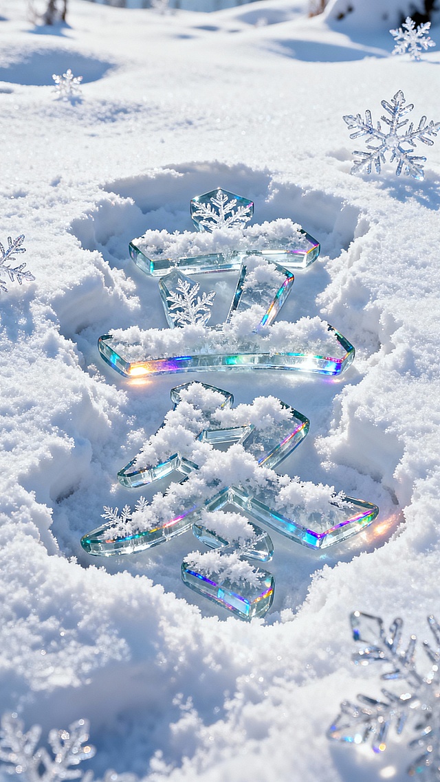 背景是皑皑白雪个别特写的雪花：前景是晶莹剔透“立冬”蓬松雪花繁体字，冰雕雪花纹理描边，多层冰块玻璃质感叠加有一定厚度，扎在松软白茫茫的雪地里，文字四周有深深的凹痕，有道光线照射在边缘上，文字折射出彩色光泽。画面清透明亮极致高清