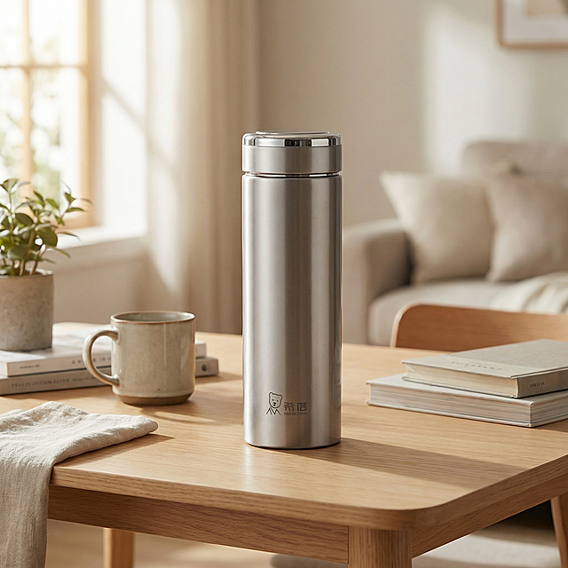 这个银色不锈钢保温杯放置在日常居家桌面，带有清晨柔和自然光，温馨生活化日常使用场景，柔光氛围，电商主图背景，产品主体居中清晰，800*800像素，真实质感，自然柔和光影，简约清新风格，保留保温杯原有造型和银色质感