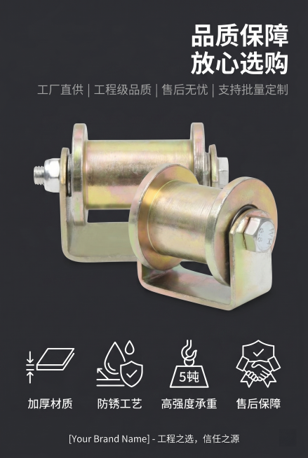 2:3竖版设计，深灰背景搭配简约白色图标；画面中央放置U型导向滑轮产品主图，下方排列 4 个简约保障图标，分别对应"加厚材质""防锈工艺""高强度承重""售后保障"；主标题右对齐放置在画面右上，文字为预览效果