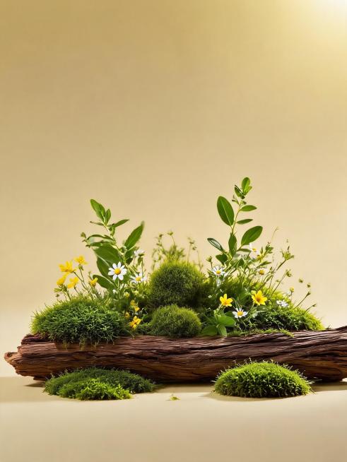 删除图片中的GNIEIUA瓶子产品，保留原图的枯木、花草苔藓和浅黄背景，自然填补产品删除后的区域，保持光影、色彩和整体风格一致，尺寸比例3:4，分辨率2K预览效果
