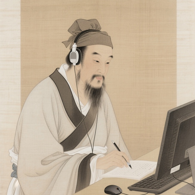 古代夫子（戴着耳机，用电脑批改作业），元素完整。纯色背景预览效果