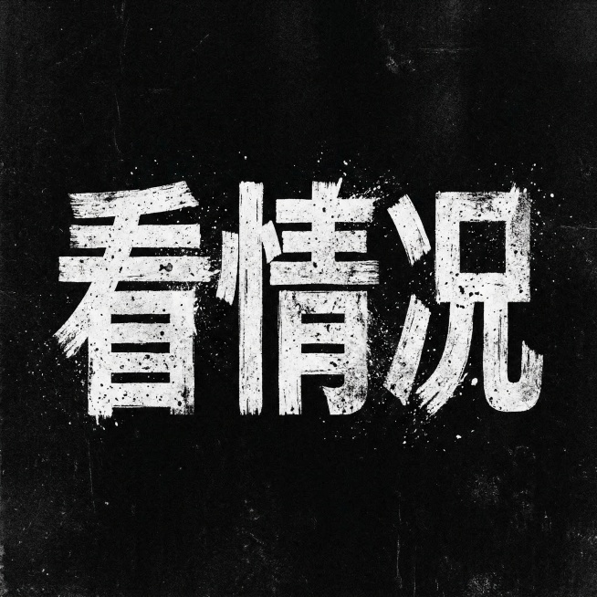 歌曲封面，文字“看情况”，字体表面不平整，带有强烈的磨损颗粒感和噪点，线条粗犷，风格为刷子泼洒涂抹而成，纯黑色背景配纯白色字体，视觉重心极度集中，黑底白字，高清艺术感预览效果