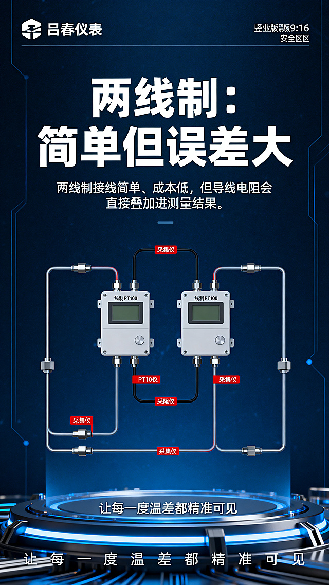 竖版9:16接线示意图，工业科技风，主色调深蓝、白、金属灰，画面留出标题安全区，左上角放置文字“吕春仪表”，底部放置文字“让每一度温差都精准可见”，展示两线制PT100回路图，两根线连接采集仪，导线电阻用红色小标签标出，中文大标题“两线制：简单但误差大”，附带文案“两线制接线简单、成本低，但导线电阻会直接叠加进测量结果。”，深蓝科技背景，信息清楚直观