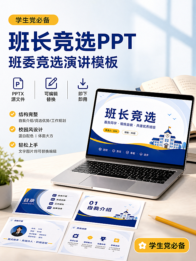 [单张主图] 班长班委竞选PPT模板 小红书3:4竖版主图 高级氛围感路线 首图即封面 一眼看懂是什么资料 适合谁 能得到什么
[画面主体] 画面中下部偏右展示一台打开的轻薄笔记本电脑 屏幕上清晰呈现一套蓝白校园风的班长竞选PPT页面 页面包含标题页 目录页 自我介绍页 竞选优势页等典型结构 PPT整体风格与参考购买须知图的深蓝+明黄+白色配色一致 电脑旁散落几张打印出来的PPT样张和一支黄色铅笔 营造学生准备竞选演讲的桌面场景 主体占画面约50%
[构图版式] 采用左文右物场景型版式 左侧大面积留白放主标题和卖点 右侧产品（电脑+PPT展示）放大 底部用真实书桌台面承托 整体3:4竖版构图
[场景元素] 浅米色书桌台面 左上角有一盆小型绿植 右上角有一本翻开的笔记本 背景是浅蓝到米白的柔和渐变墙面 有轻微窗格投影 营造校园宿舍或自习室的温馨学习氛围 整体干净明亮 有生活感
[文案版式] 左上区域主标题分两行 第一行大号粗体「班长竞选PPT」 第二行稍小「班委竞选演讲模板」 主标题下方3个轻量图标卖点横向排列 分别是「PPTX源文件」「可编辑替换」「即下即用」 每个卖点配一个简约线稿小图标 右下角放一个圆角小标签「学生党必备」 字体用圆润无衬线体 主标题字色深蓝 辅助文字深灰 强调色用明黄色
[光影质感] 自然光从左上方斜射 柔和漫射光 电脑屏幕有轻微反光 纸张有自然阴影 整体明亮通透 浅景深 背景轻微虚化突出主体
[配色字体] 主色深蓝色 辅助色明黄色 背景色米白+浅蓝渐变 字体圆润无衬线体 字重对比清晰 主标题粗体 辅助文字常规字重
[负向提示词] 变形 水印 错字 糊字 伪Logo 主体遮挡 背景杂乱 低清晰度 错误结构 二维码 联系方式 站外链接 平台Logo 绝对化用语