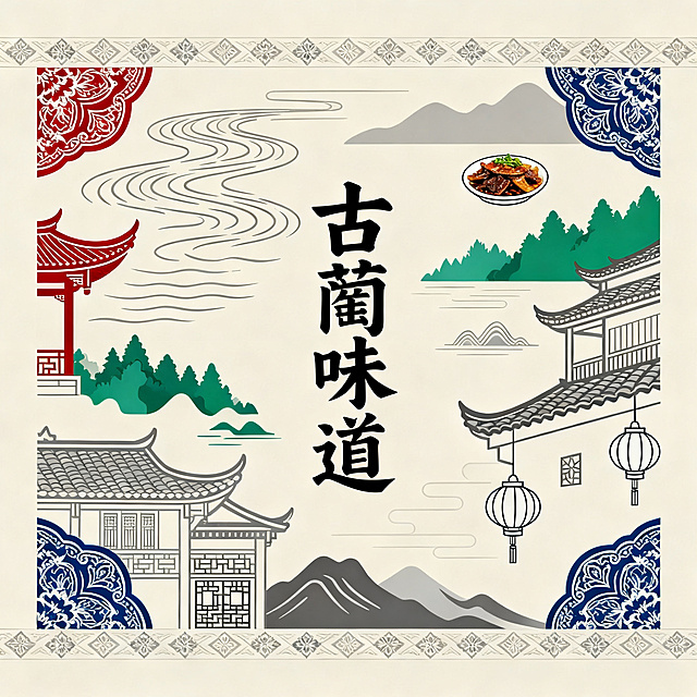 一、设计核心定位 以古蔺地域文化为底色、本土烟火味道为内核，打造适配文旅景区、特产门店、送礼自用的高端伴手礼包装。把古蔺自然山水、非遗民俗、红色人文、特色风物全部视觉化呈现，兼顾国风高级感、在地辨识度与礼品仪式感，突出「一口古蔺味，一眼蔺乡情」。 1. 自然地标元素 赤水河波纹线条、黄荆老林山林轮廓 简约线条化提炼，不做复杂写实。 2. 人文建筑元素 太平古镇吊脚楼檐角、古镇青瓦白墙轮廓、川南民居窗棂纹样，复刻古蔺古镇古韵气质。 3. 非遗民俗元素 古蔺花灯造型与灯纹、融入边角暗纹与边框装饰。 整体走新中式国潮 + 地域民俗简约风，摒弃杂乱堆砌，用线条插画、扁平化纹样、低饱和国风色调呈现，基底：米白、浅卡其（质朴乡土感） 点缀：酱酒红、苍青绿、苗绣靛蓝、山川黛灰 字体设计 主标题古蔺味道采用书法国风字体，加粗大气  中心突出「古蔺味道」品牌名，四周环绕简化提炼的：赤水河流水 + 古镇檐角 + 花灯暗纹 + 苗绣边角纹样；局部点缀美食小插画，疏密有致，留白高级。 主画面：极简线性插画融合山水、古镇、花灯三大核心符号，一眼识别古蔺专属地域标识。
边角 / 封口：用苗绣图腾、花灯纹路做连续暗纹，提升精致度，满满民俗氛围感。