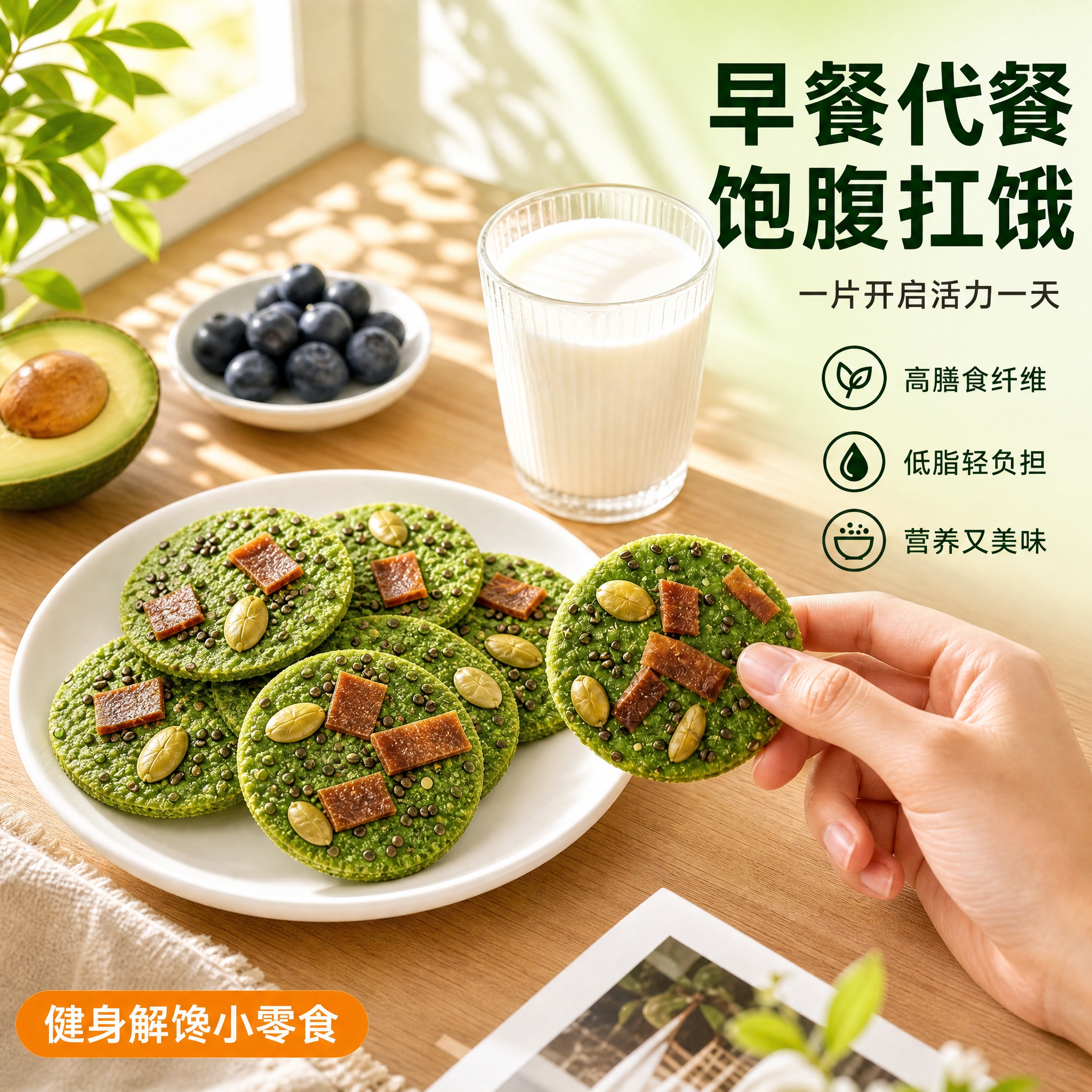 [主图-3] 羽衣甘蓝小薄脆 早餐代餐场景图。 [氛围风格]… - 图片创意预览