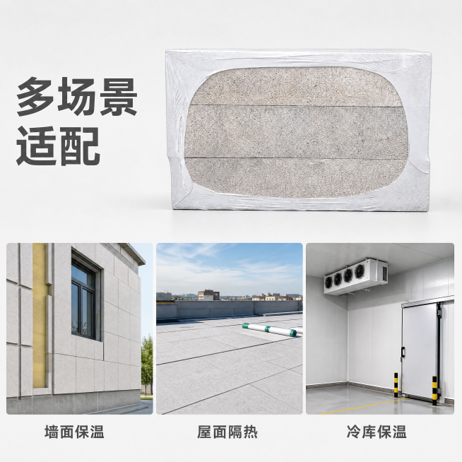 [主图-4] 多场景适配展示图，展示保温板在不同建筑空间的应用。
[氛围风格] 真实应用场景，专业适配，突出通用性。
[画质] 商业摄影质感，光线自然通透，场景真实自然，产品清晰。
[元素] 上方大尺预览效果