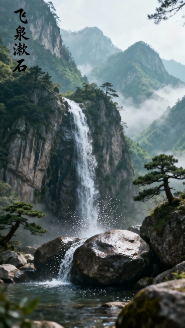 古风优美干净的描写"飞泉漱石"的山水画，实景，电影感，左上角加上“飞泉漱石”行书毛笔字预览效果