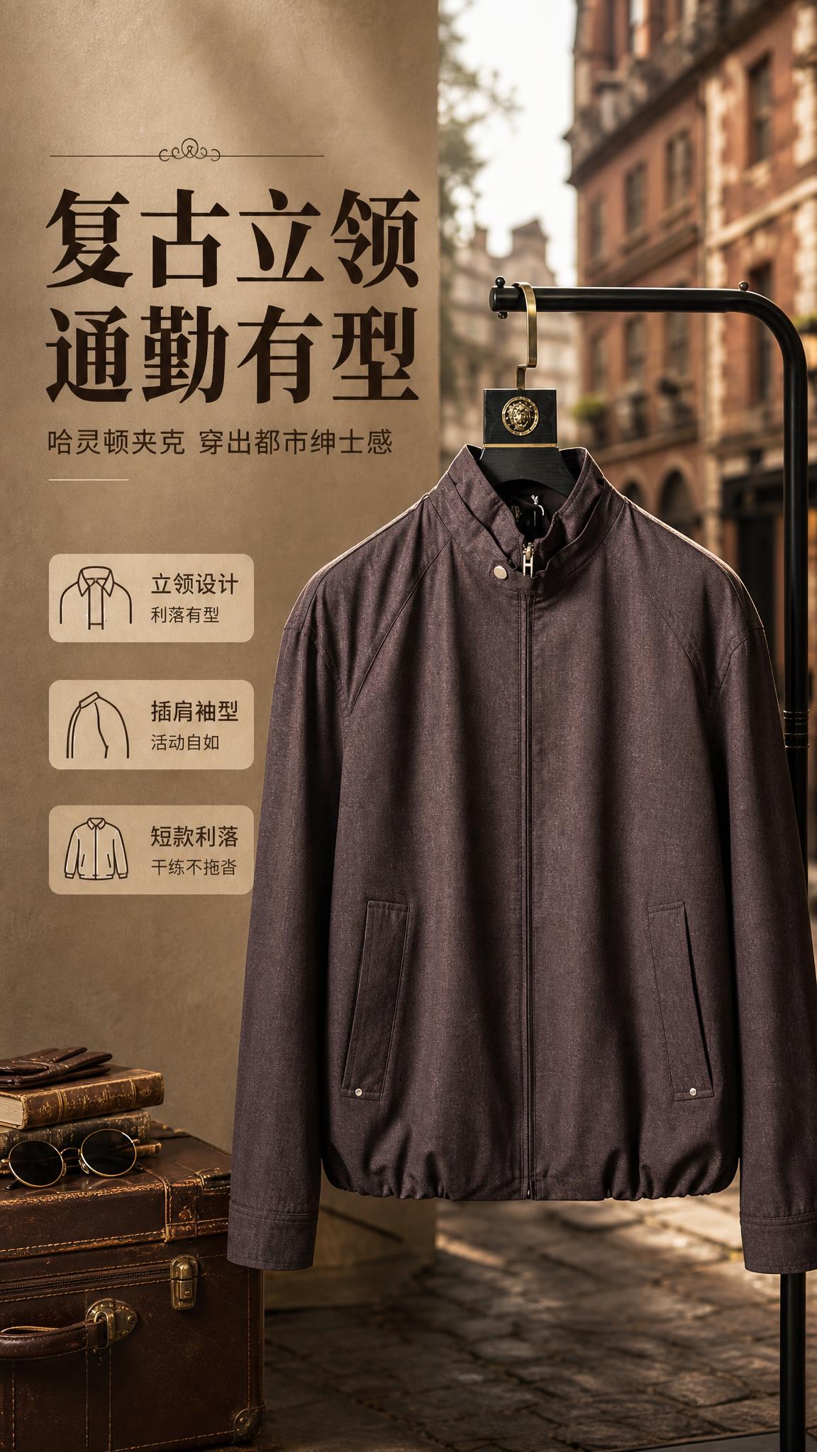 [商品] 使用【图1】复古棕色立领哈灵顿夹克；商品处理：保留立… - 图片创意预览