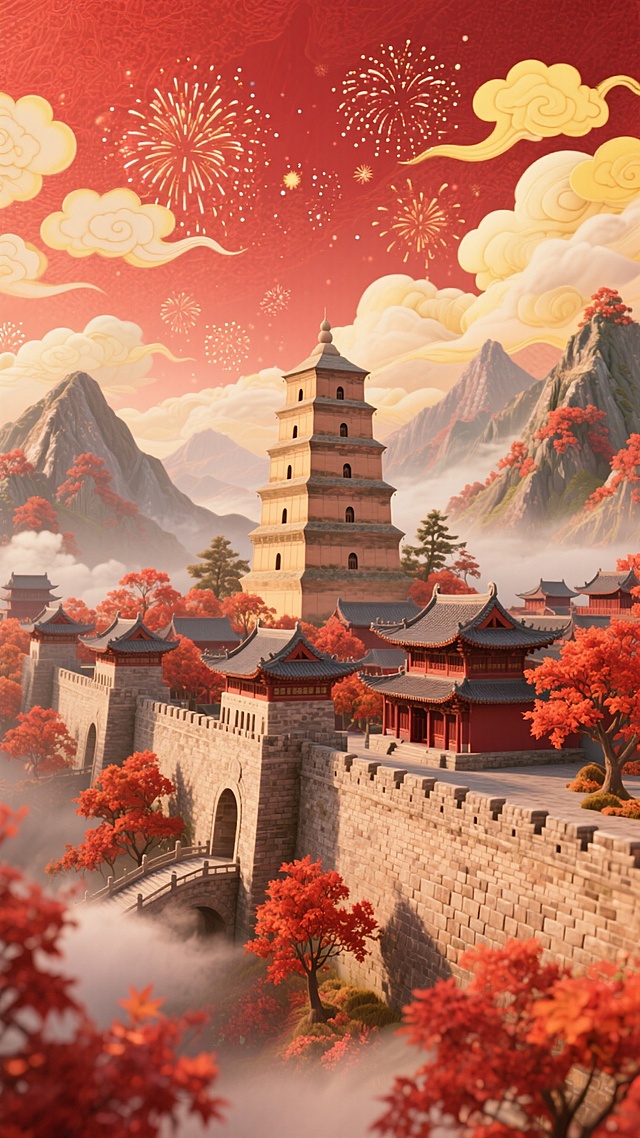 国潮风插画，融合中式古典建筑与梦幻烟花，红墙碧瓦间尽显喜庆感，水墨晕染与剪纸元素交织，云雾缭绕中透出朦胧意境，虚拟现实般的体积感营造出沉浸式节日氛围。