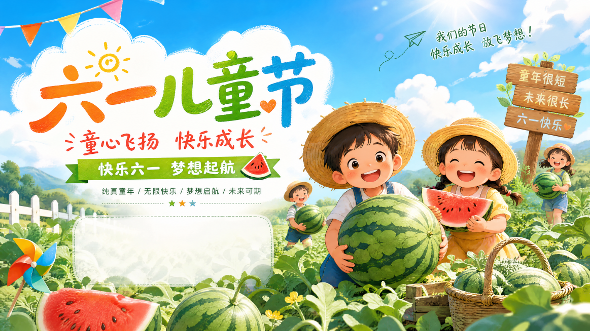 六一儿童节主题海报，孩子们在夏日西瓜地里开心采摘大西瓜，阳光明媚充满童真欢乐，横版构图，画面清晰治愈，色彩鲜艳活泼预览效果