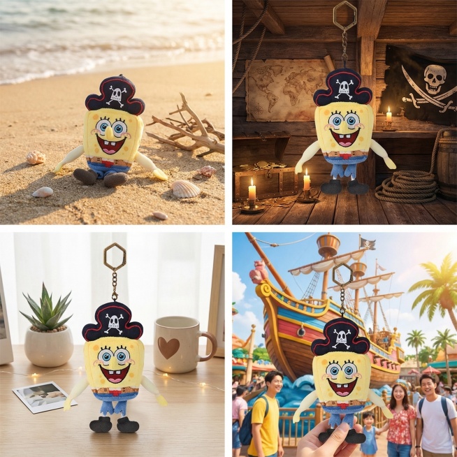 海盗海绵宝宝毛绒挂件，保留原产品造型，分别生成4组不同场景图：1. 海边沙滩场景；2. 海盗主题船舱场景；3. 可爱ins风桌面展示场景；4. 主题乐园游玩场景。每个场景构图美观，光线柔和温馨，突出挂预览效果