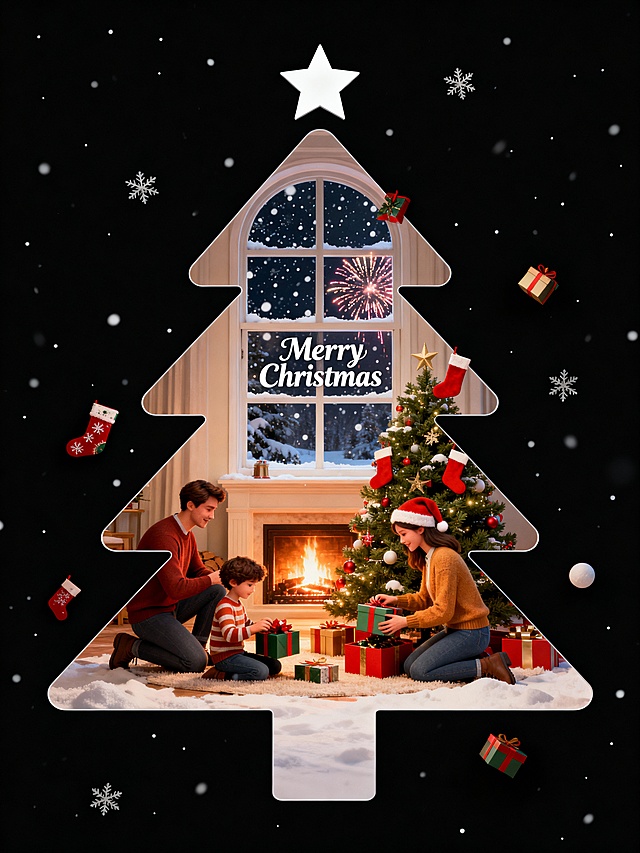 窗内是温暖的壁炉，一家三口在围着圣诞树拆礼物，圣诞树上挂着零散的礼物和圣诞袜，窗外大雪纷飞，窗外的远处有烟花。窗户的玻璃上写着“Merry Christmas”