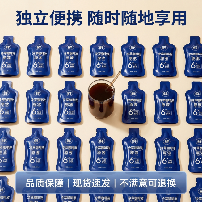 [主图 5] 冷萃咖啡液整体包装展示
[氛围/风格] 性价比直观风，清晰明了，信任背书。
[画面元素] 多袋独立小包装整齐排列展示，搭配一杯成品咖啡，整体整齐干净，保持产品包装外观和用户上传图片一致。预览效果