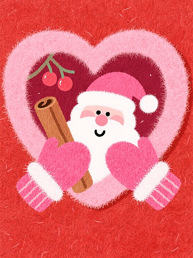 圣诞老人、肉桂棒、针织手套从浆果粉色爱心里探出向内看，爱心外画面铺满红色