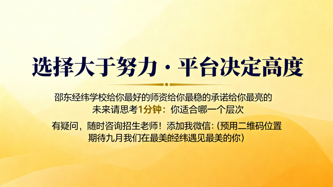 邵东经纬学校高中招生宣讲PPT第15页结尾邀请，大标题"选择大于努力・平台决定高度"，正文内容"邵东经纬学校
给你最好的师资
给你最稳的承诺
给你最亮的未来
请思考 1 分钟：你适合哪一个层次？
有疑预览效果