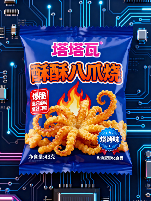 零食包装袋设计，43克装酥酥八爪烧膨化食品，烧烤味，深蓝色电路板科技感背景，顶部粉色粗体品牌名"塔塔瓦"，中间橙色描边艺术大字"酥酥八爪烧"，下方是金黄酥脆的八爪烧实物图，带火焰装饰，左侧红色标签写白预览效果
