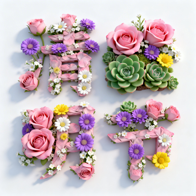 一个精致的3D汉字“清明节”，完全由盛开的花朵和多肉植物精心排列组成，包含粉色玫瑰、紫色雏菊、白色小花、黄色花朵以及各种绿色多肉和叶子，创造出丰富立体的有机纹理，每一朵花和每一片叶子都极度细腻真实，柔预览效果