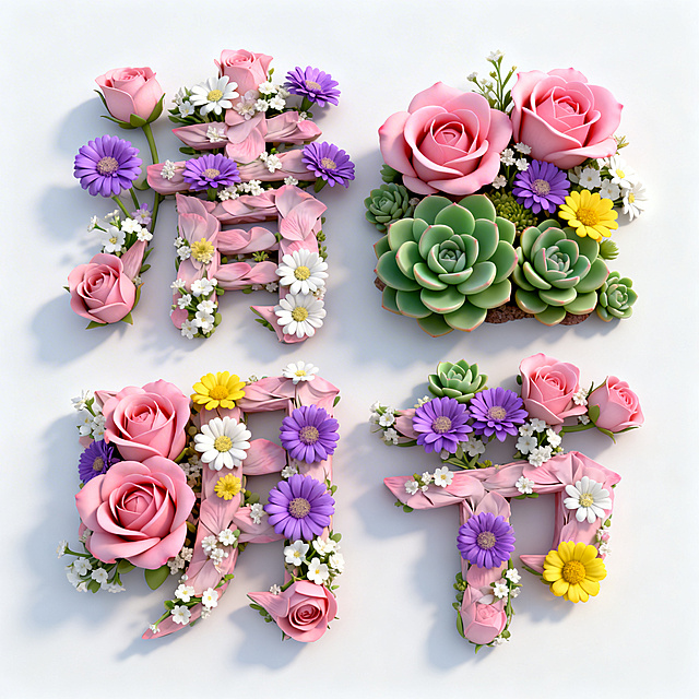 3D重拟物风字体，以玫瑰、雏菊等花卉构成“清”“明”二字，融合粘土质感与浮雕层次，呈现清新柔美、唯美的虚拟自然视觉，传递浪漫甜蜜的节日氛围。