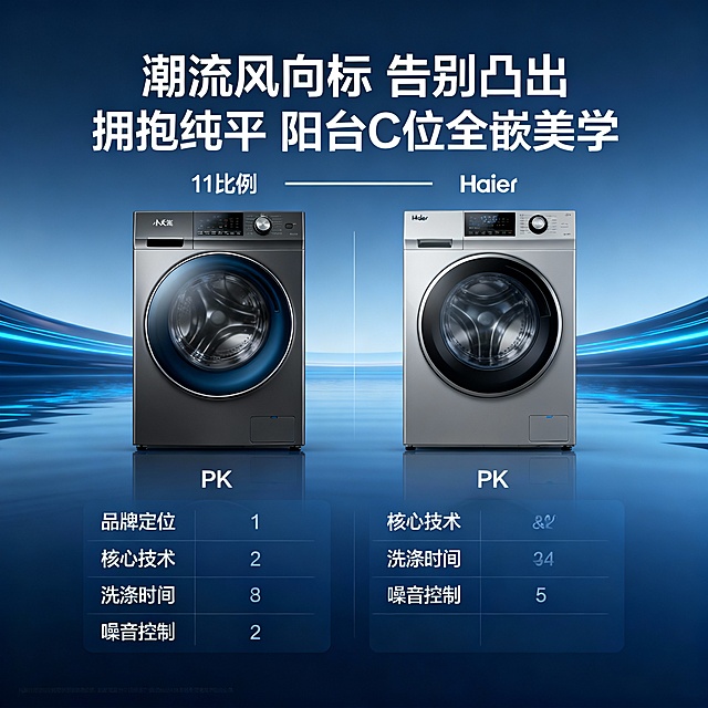 科技感与未来感交融的3D重拟物风设计，金属质感机身搭配霓虹蓝光背景，极繁主义信息布局强化商务现代美学，展现高端家电的视觉冲击力。