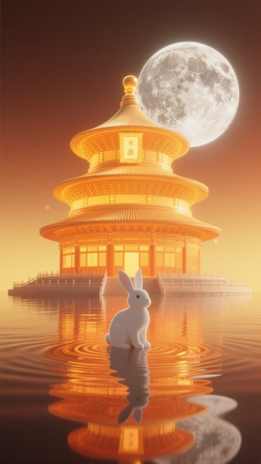 整体画面色调由顶部的深橙色渐变至底部的淡黄色，营造出柔和且富有层次的色彩过渡。画面中央是一个巨大且发光的天坛，天坛的后面是巨大的月亮，天坛的颜色从金黄色自然渐变为柔和的橙色，散发出神秘而庄重的光芒，光预览效果