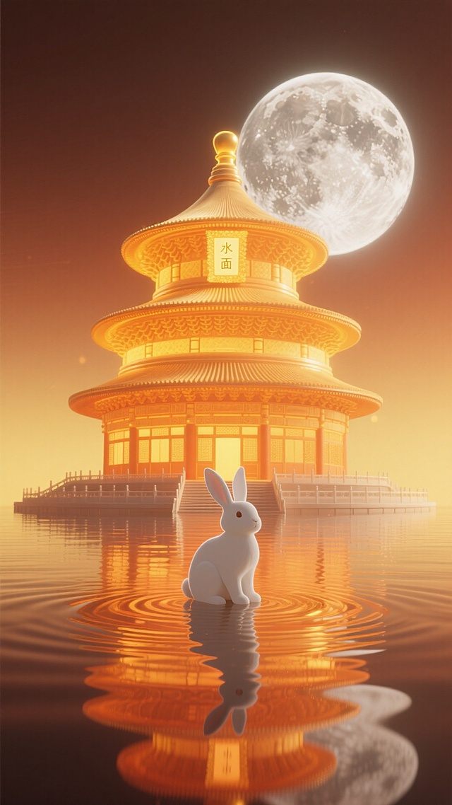 中式感与梦幻交织，3D微缩艺术呈现鎏金殿堂映月，玉兔静立水面，虚实相融，唯美感十足，中秋意境跃然眼前。