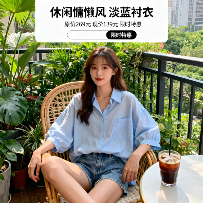 休闲场景女士衬衣电商主图，画面中是一位年轻女士，身着淡蓝色宽松女士衬衣，搭配牛仔短裤，坐在充满绿植的阳台藤椅上，旁边放着一杯冰咖啡，画面上方有文字“休闲慵懒风 淡蓝衬衣”，下方标注“原价269元 现价预览效果