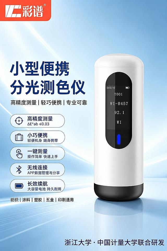 使用图一的浅蓝色科技感渐变背景（带光线条纹、反光台面效果）和左上角的"彩谱"橙底白字品牌Logo，将图中的两台DS-200色差仪替换为图二的小型圆柱形白色分光测色仪（黑色顶部测量端、正面黑色椭圆形显示屏、底部黑色环）。产品居中偏右摆放，放置在反光台面上，有真实倒影和接触阴影。左侧保留文案排版区域，主标题改为"小型便携分光测色仪"，深蓝色粗体大字，下方配卖点文案。整体风格与图一保持一致，专业科技感，商业摄影质感，光线明亮通透，产品清晰真实。