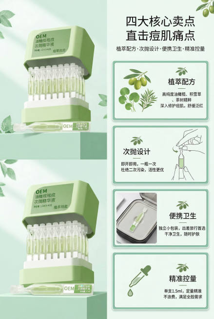 电商详情页第二屏，延续清新高级的杂志排版风格，主色调薄荷绿+白色。画面左侧展示严格还原上传的产品图细节，右侧分四栏可视化呈现核心卖点，产品与背景比例协调无突兀感。主标题为"四大核心卖点 直击痘肌痛点"预览效果