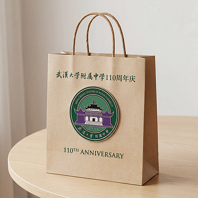 设计武汉大学附属中学110周年庆纸质手提袋效果图，手提袋表面印有正确的校徽徽章和110周年庆文字，文字无错，画面清晰，设计简约大气