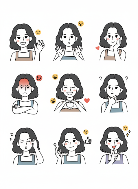 保持人物主体不变，创作一组简笔画风格表情包，搭配一些emoji图标，包含表情不同、姿势不同的九宫格表情包预览效果