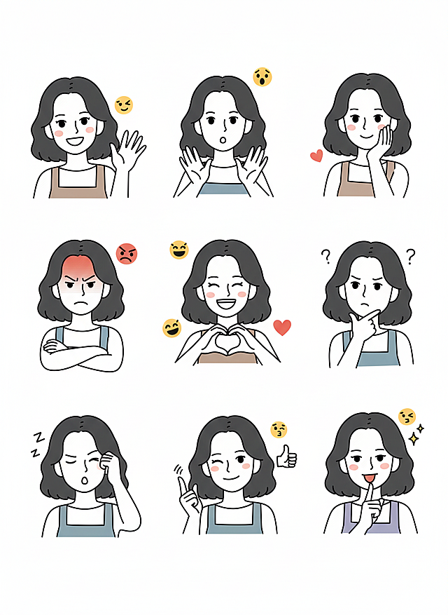 保持人物主体不变，创作一组简笔画风格表情包，搭配一些emoji图标，包含表情不同、姿势不同的九宫格表情包